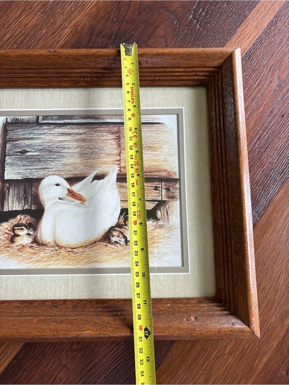 Vintage Art Print, “Duck With Ducklings” 1984 Kathleen Casey Matted Wood Frame